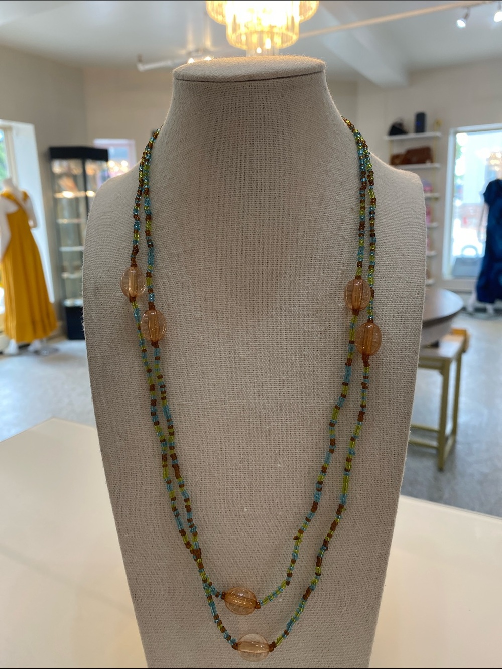 Handmade One-Strand Beaded Necklace with Amber Glass Accents - Green/Blue